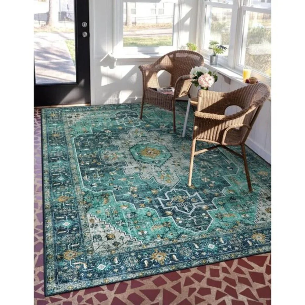 New 5x7 Teal Vintage Area Rug, Ultra-Thin, Washable, Non-Slip Medallion Carpet